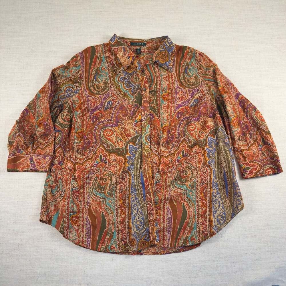 Lauren Ralph Lauren Paisley Print 3/4 Sleeve Button Down Shirt Size 2X